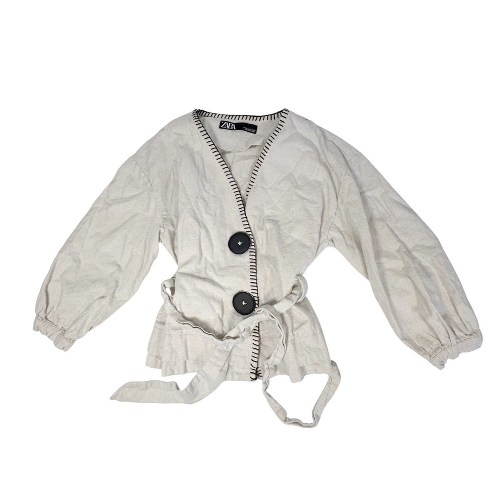 ZARA Med Kimono Jacket Cream Balloon Sleeve Belted Button lagenlook cotton linen